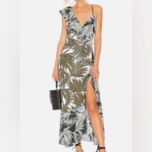 1 State-Tropical print ruffle maxi wrap dress